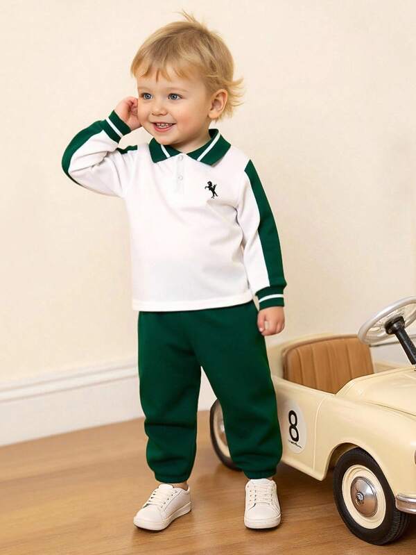 Souflis Souflis Set de 2 piezas para recién nacidos/niños pequeños: Camisa de manga larga con cuello polo informal y pantalón deportivo de cintura elástica, conjunto de estilo caballero