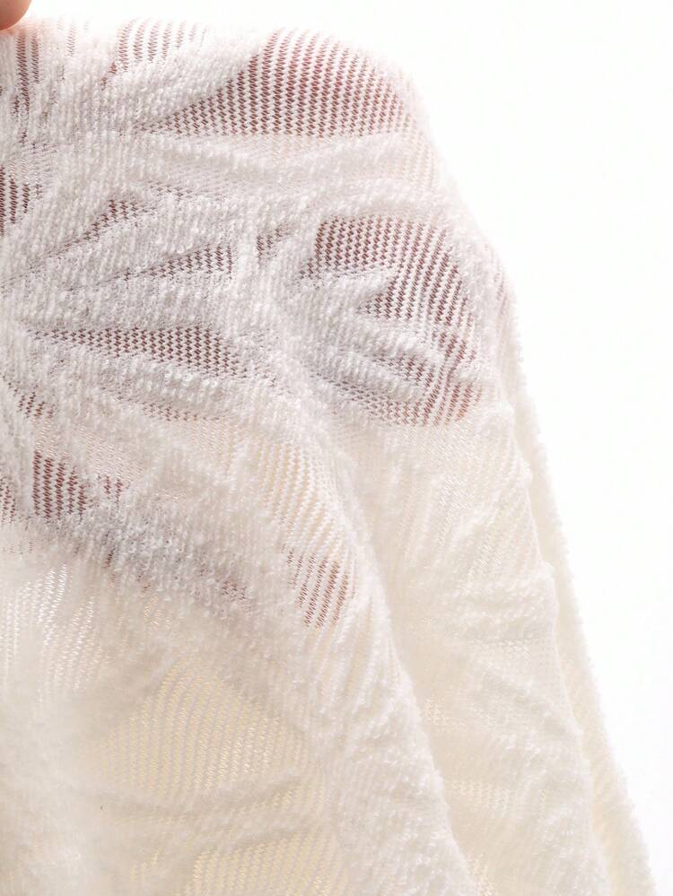 Semi-Sheer Botanical Print Jacquard Fabric Fitted White Long Sleeve Sleep Top With Built-In Bra For Women Pajama