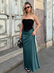 Jeta Ari Women Elegant Solid High Waist Solid Maxi Satin Skirt - Cadet Blue - View 4