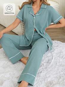 RueChic 女士绑带细节短袖长裤家居睡衣套装 - 藍色 - 查看 1
