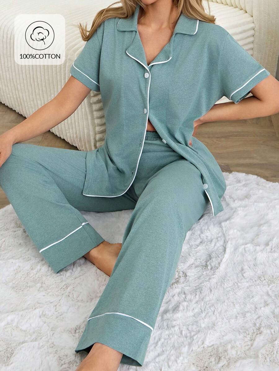 RueChic 女士绑带细节短袖长裤家居睡衣套装 - 藍色 - 查看 1