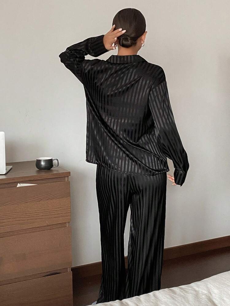 Satin Striped Jacquard Women's Single-Breasted Top And Pants Pajama Set, Fall Winter Clothes
