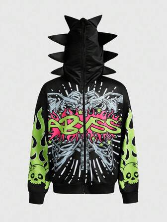 Street Life Men's Letter Print Long Sleeve Zip Collar Personalized 3D Angle Hoodie