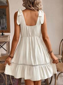 SHEIN Frenchy Linen Holiday Loose Dress Casual Solid Color Spaghetti Strap Dress, Linen Sundress,Suitable For Summer Comfortable And Breathable To Wear Comfortable,Vacation Casual Solid Color Lace Spliced Shoulder Strap Ribbon Decoration Sleeveless Dress Beach - Apricot - View 3