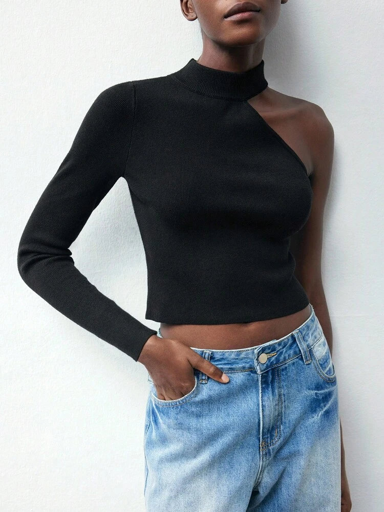 SHEIN Maija Women's Casual Solid Color One-Shoulder Long Sleeve Cropped Sweater Halloween Costumes   Casual Blouses For Ladies Black Top Autumn Winter Clothes For Women Black Top