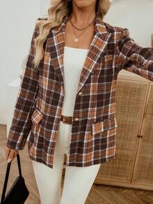 EMERY ROSE Women's Shoulder Padded Long Sleeve Brown Plaid Lapel Single-Breasted Blazer,Summer Business Casual Office Jacket,Back-To-School Fashion Suit Jacket - Brown - View 4