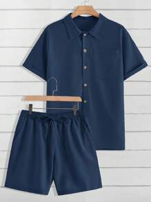 Claim Dot 2pcs Casual Solid Color Shirt & Shorts Set For Men, Summer - Navy Blue - View 9