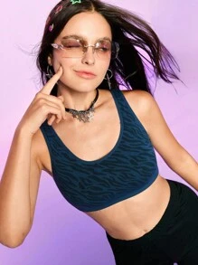 Notgurli Yoga Zebra Striped Print Wireless Bra - Navy Blue - View 5