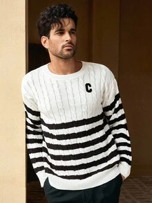 Manfinity VCAY 男士休闲扭绳条纹宽松落肩圆领毛衣男条纹毛衣条纹套头毛衣男男士针织毛衣男套头毛衣绞花针织毛衣男条纹毛衣男男士套头毛衣绞花针织条纹毛衣男条纹针织毛衣，秋冬 - 黑與白 - 查看 6