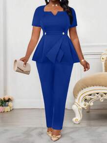 SHEIN Lady 2025 新款纯色 V 领短袖腰纽扣不对称下摆上衣西装裤加大码两件套西装加大码优雅商务办公西装女士，返校节秋季女士两件套女士优雅皇家蓝两件套优雅女士两件套优雅皇家蓝优雅 - 寶藍色 - 查看 6