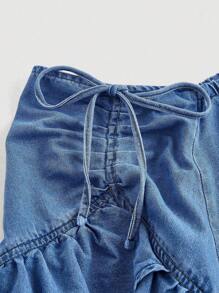 SHEIN CURVE+ 大码女式休闲牛仔裙，腰部系带，层叠荷叶边下摆 - 藍色 - 查看 3