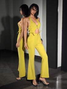 SHEIN EZwear 女式性感露背镂空设计侧系带牛仔连体裤 - 黃色 - 查看 5