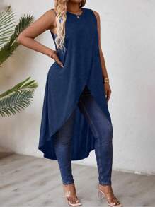 EMERY ROSE Plus Size Solid Color Wrap Asymmetric Hem Long Tank Top For Summer - Navy Blue - View 3