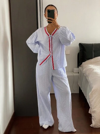 DAZY Pleated Plaid Fabric Contrast Color Ruffle Trim Tie Neck Women Pajama Set, Fall Winter Clothes