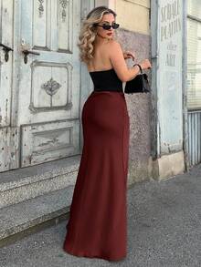 Jeta Ari Solid High Waist Skirt Elegant For Summer Maxi Women Outfit - Maroon - View 2