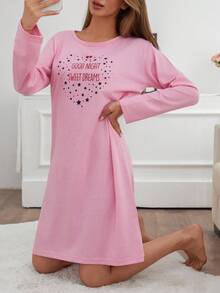 EURMUSE PLUS Women Contrast Colour Lettered Round Neck Long Sleeve Homewear Pajama Dress - Pink - View 4