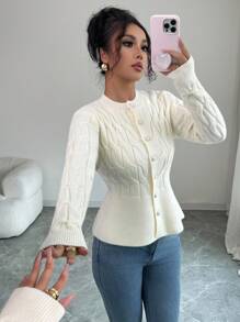 Selianne Autumn Elegant Off-White Soft Cable Knit Cardigan,Korean Style Single-Breasted Waist Cinched Ruffle Button Front Top,Minimalist Loose Brunch Sweater - Beige - View 4