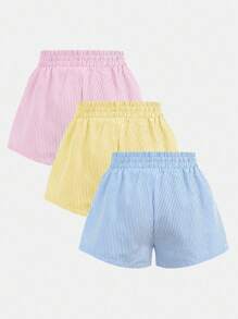 SHEIN 3pcs/Set Tween Girls Casual Striped Shorts Set With Elastic Waistband, School, Campus, College