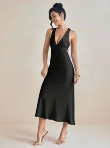 Amiko Solid Black Bias Drape Satin Slip Dress With Tie Back Wedding Elegant Dress Summer Vacation - Black - View 7
