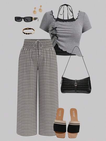 SHEIN MOD Plus Size Brown & White Plaid Waist Drawstring Bow Wide Leg Pants.Suitable For Back To School,Early Autumn Pants.Halloween Outfits