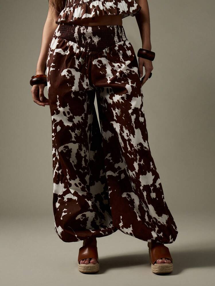 MISSGUIDED Western Inspired High Waisted Cow Print Balloon Pants Cotton Wide Leg Elastic Smocked Waist Summer Festival Boho Relaxed Fit Casual Trousers