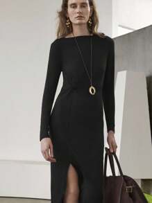 Uhlyne Uhlyne Women's Elegant Black Autumn Office Wear Knit Dress,Minimalist Metal Buckle Off Shoulder Long Sleeve Twist Waist Slit Casual Vacation Cloth - Black - View 3