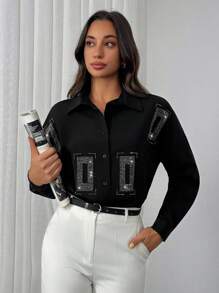 EURMUSE Black Long-Sleeve Button-Up Shirt With Classic Collar, Embellished With Geometric Rhinestone Patterns, Loose Fit, Stylish And Elegant Design - Black - View 5