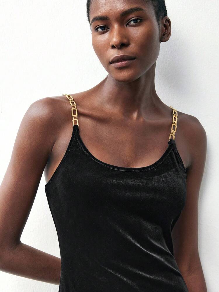 SHEIN Maija Women's Metal Chain Decor Sleeveless Waist Cinched Velvet Elegant Long Dress Halloween Costumes  Christmas Women's Clothing  Party Dress Elegant Dresses For Party Halloween Costume Elegant Dresses For Party  Black Dress Halloween Costumes  Elegant Dresses For Party  Elegant Dresses For Women  Black Dress Black Dress