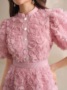 Anewsta 女士甜美优雅泡泡袖连衣裙，修身剪裁，高品质法式风格，适合春夏、情人节、生日等场合。 - 粉色 - 查看 3