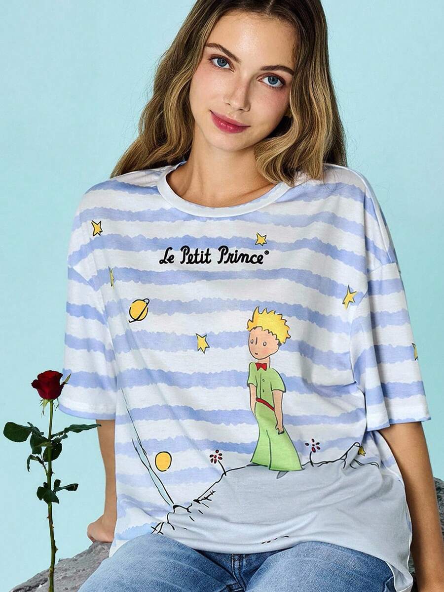 LE PETIT PRINCE X SHEIN Áo thun sọc xanh rộng rãi cho nữ, Trở lại trường, Áo đi học, Áo cơ bản, Họa tiết hoạt hình, Họa tiết chữ, Họa tiết hành tinh, Họa tiết cáo, Họa tiết màu nước, Áo thun mùa thu và mùa đông - Xanh và trắng - Xem 1