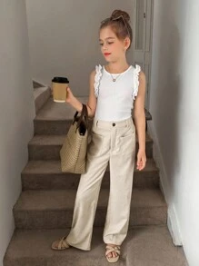 SHEIN Tween 女孩休閒純色寬腿直筒褲,梭織紋理布料,適合街頭風格 - 杏色 - 查看 5