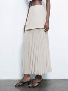 Maija 女款黑色雪纺百褶裙，优雅都市时尚，二合一设计，TR雪纺百褶细节，A字迷你短裙，时尚百搭，2025秋季商务休闲女装，办公室装，低调老钱风，轻松气质，高端都市通勤，杂志主编同款，都市社交度假派对装，魅力十足，低调耐看的基础款，百搭不挑人，街头时尚穿搭，咖啡店休闲装 - 杏色 - 查看 6