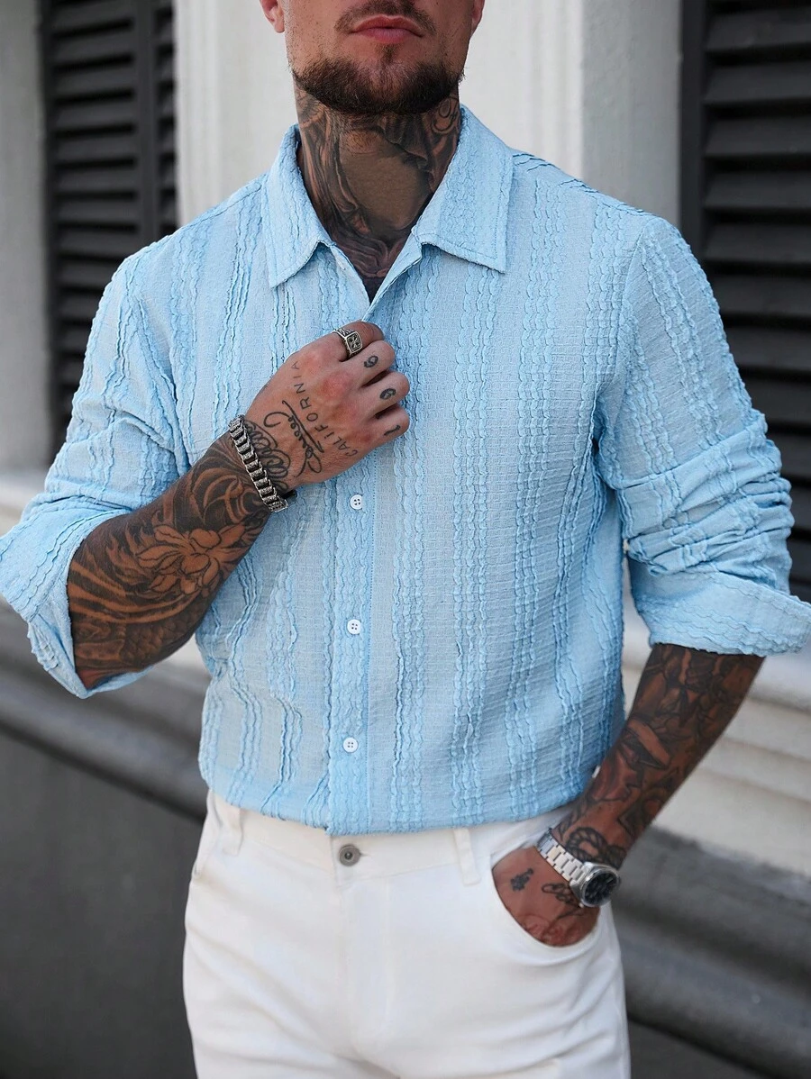 Manfinity Homme Men's Casual Solid Color Long Sleeve Button-Up Shirt, Versatile For Daily Wear Powder Blue Shirt Baby Blue - Blue - View 1