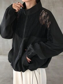 FRIFUL Áo khoác ren chắp vá thường ngày dành cho nữ - màu đen - Xem 6