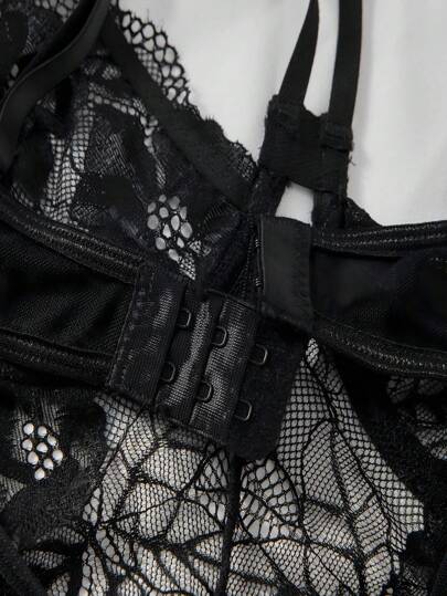 Zwart Contrast Kanten Cut Out Spaghetti Strap Babydoll Verleidelijke Lingerie, Baddie Look view 8