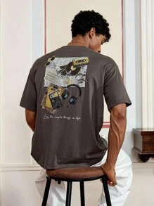 SWAVVY Music Festival T-Shirt Cassette Record Element Print Men's Loose Casual T-Shirt, Graphic Tee