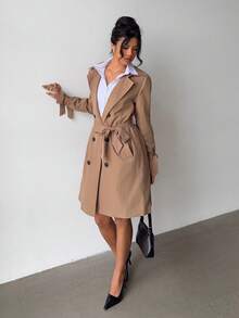 SHEIN Tall 女士棕色翻领双排扣口袋系带中长款休闲宽松时尚优雅百搭办公室风衣女士风衣卡其色风衣女士风衣配腰带 - 卡其色 - 查看 4