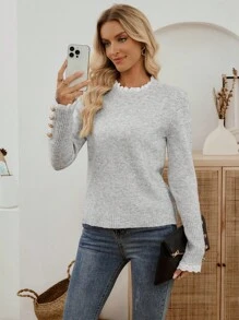 EMERY ROSE 全新秋冬焕新套头高领柔软蕾丝针织毛衣，百搭优雅，适合女士灰色毛衣女士毛衣蕾丝边毛衣浅灰色上衣立领毛衣 - 灰色 - 查看 5