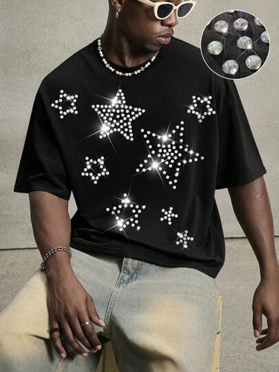Street Life Men's Summer Rhinestone Five-Pointed Star Pattern Round Neck Short Sleeve Casual T-Shirt, 2000s Style