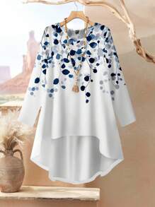 Rusticease 两件套西装女加大码蓝白度假印花优雅休闲宽松长袖上衣和裤子套装，适合秋冬季 - 藍白色 - 查看 5