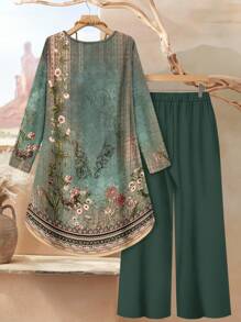 EMERY ROSE 大码女式度假风格花卉印花宽松长袖上衣和纯色休闲宽松裤套装，优雅复古欧式风格，适合春夏季，2 件套夏装，女式夏装秋装 - 綠色 - 查看 2