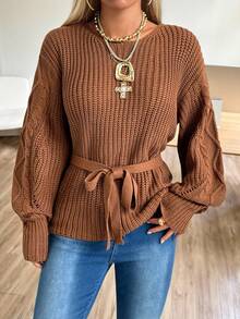 SHEIN EZwear Suéter casual de manga larga con cintura ceñida, estilo de dinero antiguo para mujer en otoño e invierno - Marrón - Ver 6
