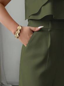 Elenzga Women's Vacation Style Office Commute Beach Party Oblique Shoulder Double Ruffle Waist Straight Loose Jumpsuit, Suitable For Spring/Summer - Army Green - View 4