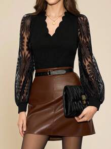 Amorya Women's Elegant V-Neck Seashell Burnout Lace Patchwork Slim Fit Shirt, Fashionable Top To Wear Alone Black Top Black Long Sleeve Top Chic Autumn - Black - View 1