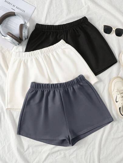 SHEIN Kids Summer Squishy 3pcs/Set Teen Girl Black, White, Gray Elastic Waist Knit Loose Shorts, Versatile Casual Shorts For All Seasons, Back To School, Minimalist Solid Color Sports Shorts Comfy Shorts Cute Elastic Waist Shorts