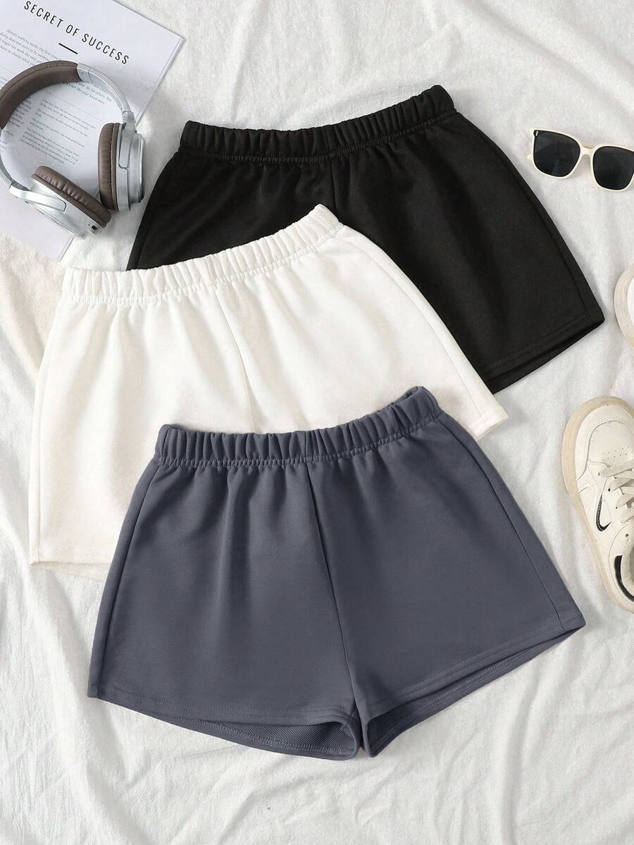 SHEIN 儿童夏季柔软舒适三件套,少女黑色、白色、灰色弹力腰针织宽松短裤,四季皆宜,返校季百搭休闲短裤,简约纯色运动短裤,舒适可爱弹力腰短裤 - 深灰色 - 查看 1