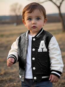 SHEIN 6M-3T 男婴休闲夹克，拼色，单排扣口袋，金属纽扣，灯芯绒衬衫款式，适合春季、夏季、秋季、上学、休闲、度假、运动、儿童服装、婴儿外套 - 黑色 - 查看 3