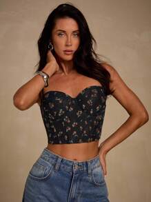 Glamine 夏季假日花卉印花蕾丝紧身胸衣鱼骨结构修身吊带背心图案 T 恤女式上衣 - 黑色 - 查看 2