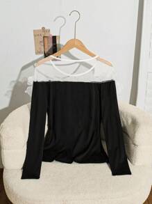 GlowEve 女士圆领网眼拼布 3D 花卉装饰时尚 T 恤 - 花卉图案随机