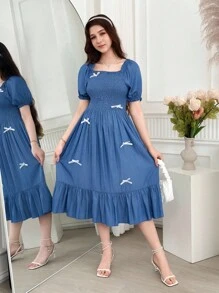 SHEIN 少女纯色泡泡袖蝴蝶结装饰休闲夏装 - 藍色 - 查看 6